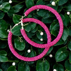 Hot Pink Handwoven Beaded Hoop Earrings – Bold Statement Jewelry with Tiny Glass Seed Beads – Lightweight Colorful Hoops for Parties, Summer