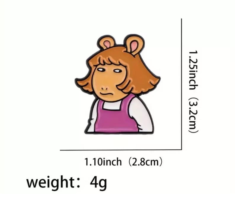 May include: A cartoon enamel pin of a brown-haired girl with a pink dress. The pin is 1.10 inches wide and 1.25 inches tall. It weighs 4 grams.