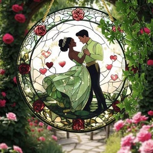 Tiana Princess And Prince Naveen Plastic Suncatcher Stained Glass Style 20 cm