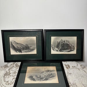 Vintage Cornwall Engraving Prints Set of 3 Lands End Logan Rock Botallack Mine Coastal Wall Art Framed