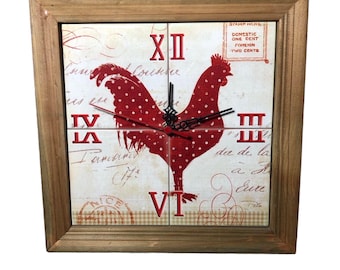 Horloge murale en carreaux de poulet, style cottage, quartz fonctionnant dans un cadre en bois vintage