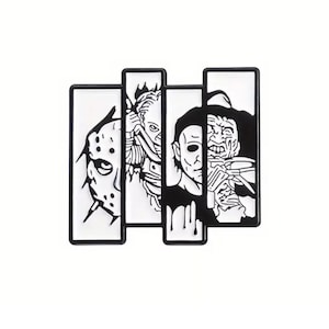 May include: Black and white enamel pin featuring three horror movie characters. The pin is divided into three sections, each featuring a different character. The first section features a character with a hockey mask, the second section features a character with a machete, and the third section features a character with a hook.