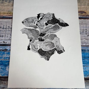Original Ink Drawing, Abstract Black White Artwork, Hand Drawn Organic Forms, Contemporary Pen Art, Unsigned 42 x 30 cm