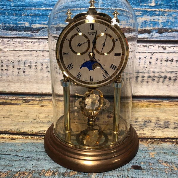 Widdop West Germany Moon Phase Glass dome Mantel clock Battery Operated Rare