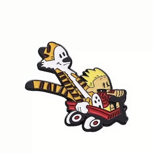 Calvin And Hobbes In Wagon Metal Enamel Pin Badge Cartoon Comic Retro Inspired
