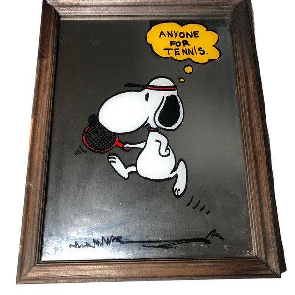 Miroir Peanuts Snoopy "Anyone For Tennis" dans cadre en bois 33 cm X 26 cm Rare