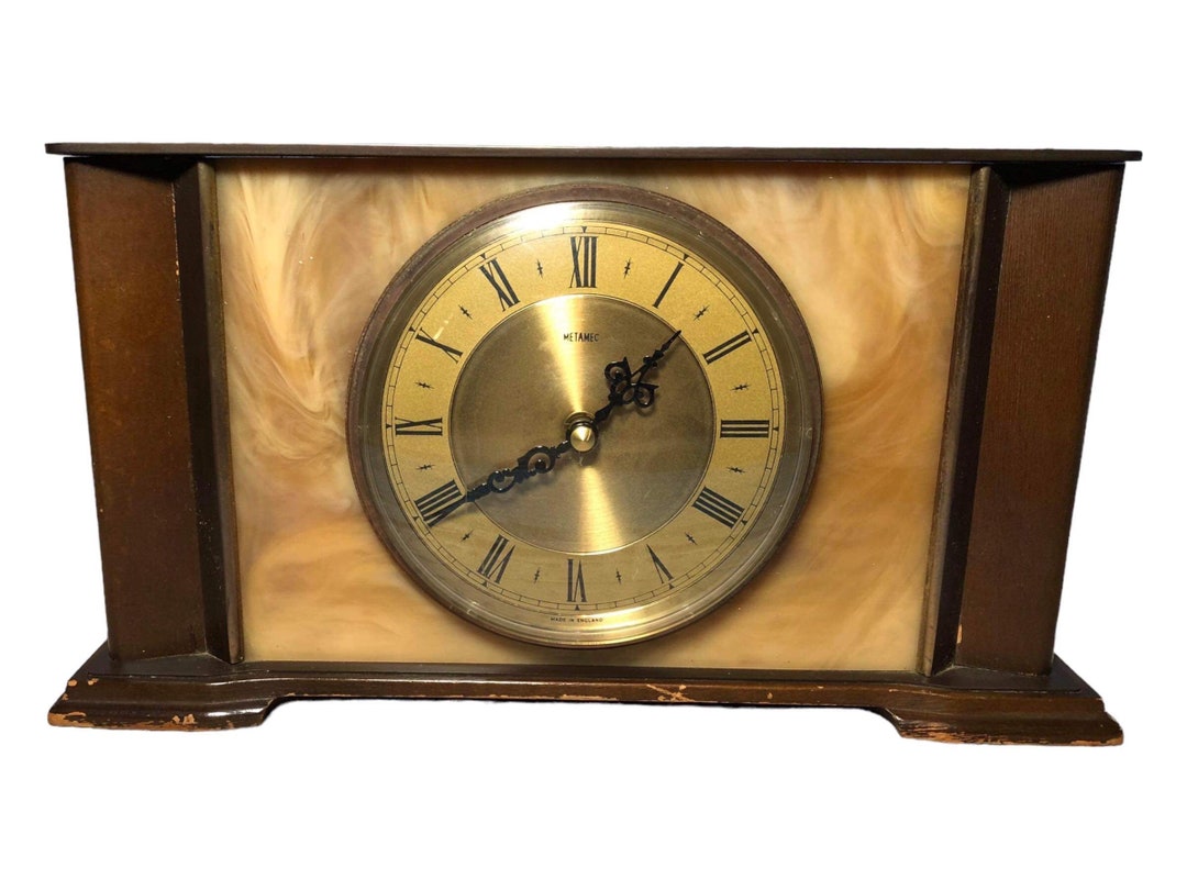 Metamec Quartz Mantel Clock Mid Century Onyx / Marble Wooden Working