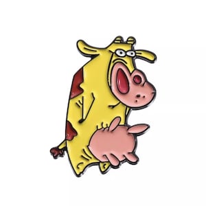 Emaille pin badge koe NIEUW CADEAU Stripfiguur Retro tv jaren 90 en kip Y2K
