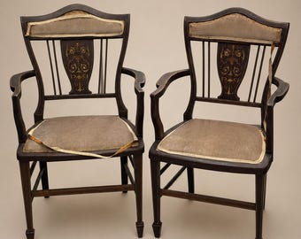 Pair of Vintage Edwardian Style Mahogany Armchairs Inlaid Salon Chairs Upholstered Accent Chairs Restoration Project