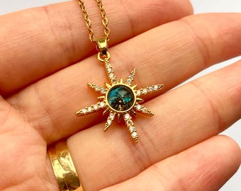 Celestial Sun Necklace, Gold Starburst Pendant with Teal Stone, Galaxy Sun Jewelry, Dainty Boho North Star Necklace, Gift for Her, Astronomy
