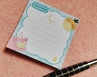 Slowpoke + Psyduck tear off memo pad, kawaii aesthetic, poke inspired, pink vibes, cute stationary, handmade gift