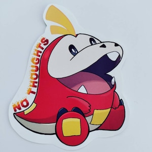 Fuecoco "No Thoughts" schattige kawaii sticker, grappige anime gamer meme cadeau poke geïnspireerd, fire starter, laptop planner plakboek