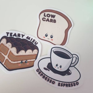 Pegatinas de comida triste, salud mental, café, tiramisú, carbohidratos de pan, depresión lindo regalo de meme
