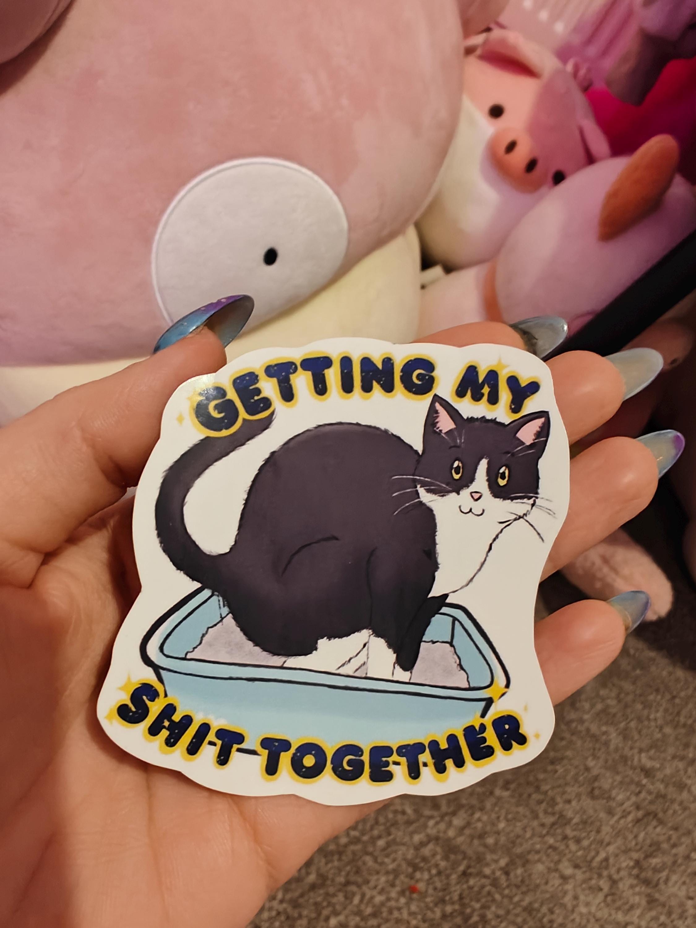 Getting my shit together, cat sticker, kitty litter, kawaii stationary, laminated, tuxedo catto meme gift