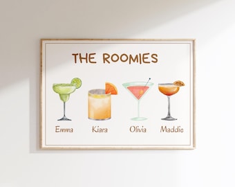 Letrero personalizado con nombre para compañero de cuarto con bebidas, decoración de apartamentos, decoración de dormitorios, decoración de carritos de bar, decoración de paredes, impresiones digitales, letrero con nombre personalizado