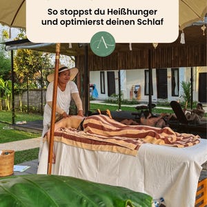 May include: A massage scene outdoors with a person receiving a massage on a table. The table is covered with a striped towel. The image includes text in German: "Schlaf & Hormone" and "So stoppst du Heißhunger und optimierst deinen Schlaf."