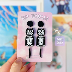 Black Cat Clock Vintage Handmade Acrylic Statement Earrings, Keychains, Pins