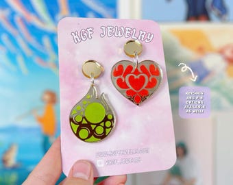 Heart Container & Stamina Vessel Video Game Handmade Acrylic Statement Earrings, Keychains, Pins