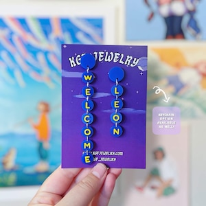 Boucles d'oreilles et porte-clés artisanaux en acrylique, inspirés du jeu vidéo Welcome Leon Sign