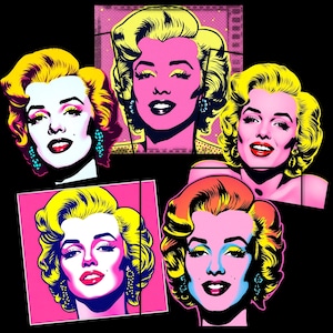 Puede incluir: Cinco ilustraciones coloridas de mujeres con cabello rubio y labios rosa brillante, en estilo pop art. Cada ilustración está sobre un fondo de color diferente.