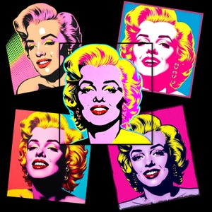 May include: A collage of five images featuring a woman with blonde hair and bright makeup. Each image is framed in a different color, including pink, blue, and green. The woman's face is the focus of each image, and she is depicted with a variety of expressions.