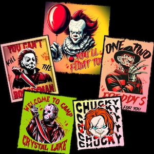 Puede incluir: Colección de carteles de películas de terror con personajes icónicos como Pennywise, Freddy Krueger, Michael Myers, Jason Voorhees y Chucky. Cada cartel tiene un diseño único con textos como "You'll Float To" y "Crystal Lake."