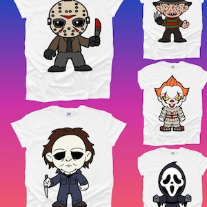 Horror character Boy or Girl Tshirt printed high quality Halloween zombie friday 13th chucky michael killer clown freddy movie UK seller