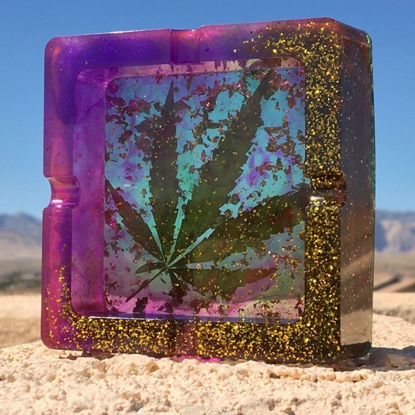 Weed Leaf Ashtray with pressed cannabis leaf with purple swirls and gold glitter & gold foil accents real marijuana leaves in Resin