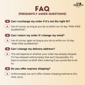 May include: An FAQ document titled FAQ (FREQUENTLY ASKED QUESTIONS) with a logo for NO PROBLEMO PRINTS. It lists four questions regarding order exchanges, returns, delivery address changes, and express shipping, each followed by a written answer.