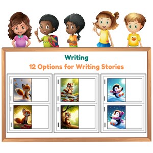 May include: A whiteboard with the title "Writing 12 Options for Writing Stories". There are three sections with images of a fox, a squirrel, and a penguin. Each section has two blank spaces for writing.