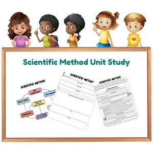 Puede incluir: Una pizarra blanca con el título "Scientific Method Unit Study" y un diagrama de los pasos del método científico. El diagrama incluye los pasos: Hacer observaciones, Hacer una pregunta, Recopilar datos, Probar la hipótesis con un experimento y Desarrollar una teoría.
