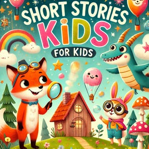 May include: A colorful illustration for a book of short stories for kids. The title "Short Stories for Kids" is written in large, colorful letters. The illustration features a fox wearing glasses and holding a magnifying glass, a rabbit wearing glasses, a dragon, a house, and mushrooms.