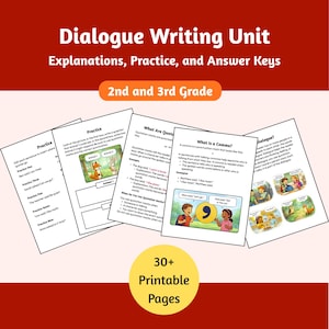 May include: A collection of printable educational worksheets for 2nd and 3rd grade students. The worksheets cover dialogue writing, punctuation, and grammar. The image includes the title "Dialogue Writing Unit" and the phrase "30+ Printable Pages."
