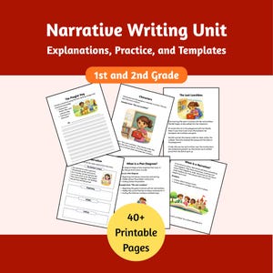 Unidad de escritura narrativa / Hojas de trabajo de principio a fin / Diagrama de trama y elementos de la historia / Escritura de 1.º y 2.º grado