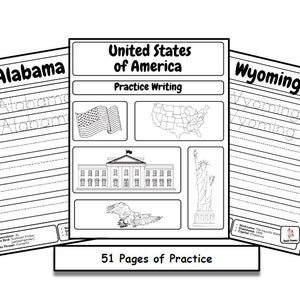 May include: Black and white printable worksheets for practicing writing the names of all 50 states in the United States of America. The worksheets include a practice area for writing the state name, a state flag, and a state symbol. The title of the worksheet is "United States of America Practice Writing".