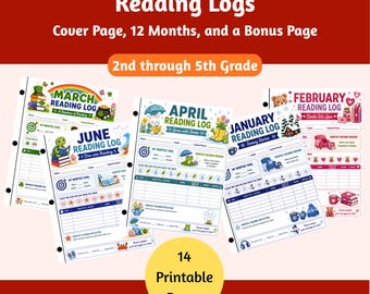 Monthly Reading Log for Kids | 12 Month Printable Reading Tracker | Grades 2–5