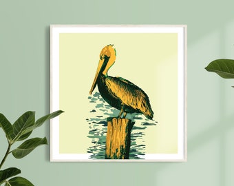 Pelícano en un cartel de descarga digital en forma cuadrada de arte de playa costera de colores brillantes