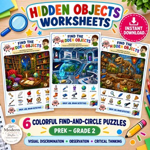 Hidden Objects Worksheets Printable Activity Book, Find and Circle Puzzles for Kids, PreK to Grade 2