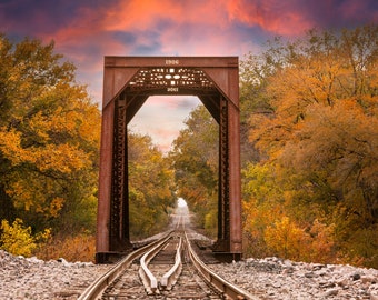 Train Tracks to Sunset Fall Canvas Print Wall Art -Scenic landscape, Railroad Tracks Print  Home art decor, wall decor, interior design