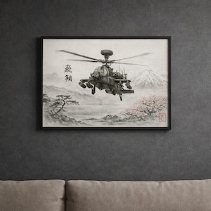 Puede incluir: Lámina artística enmarcada que presenta una ilustración detallada de un helicóptero militar en vuelo sobre un paisaje japonés. La obra de arte está en escala de grises, con una montaña, un cerezo en flor y caracteres japoneses. La impresión está en un marco negro.