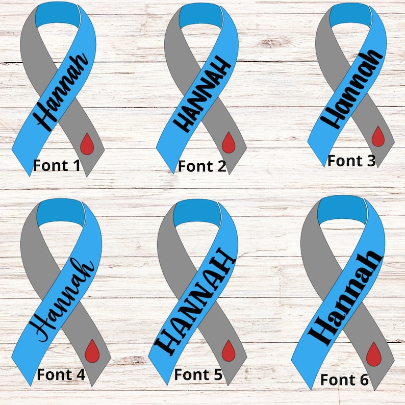 May include: Six awareness ribbons in blue and gray, each featuring a red teardrop shape at the bottom. The name Hannah is printed in black text on each ribbon in six different font styles, labeled Font 1 through Font 6 below each ribbon.