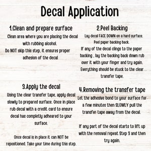 May include: An instructional graphic titled Decal Application with four numbered steps. Step 1: Clean and prepare surface. Step 2: Peel Backing. Step 3: Apply the decal. Step 4: Removing the transfer tape. The text provides detailed instructions for applying a decal to a surface using rubbing alcohol, a credit card, and transfer tape.