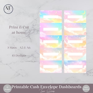 May include: Printable cash envelope dashboards with a dreamy pastel sky design. The dashboards feature a white rectangular space for writing. The text "Print & Cut at home" and "2 Sizes - A5 & A6" are also visible.