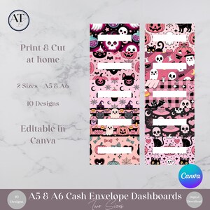 May include: Ten rectangular cash envelope dashboards featuring pink, black, and white patterns with skulls, ghosts, pumpkins, bats, and spiderwebs. Each dashboard includes a blank white horizontal label area for text. Text includes Print & Cut at home, 2 Sizes - A5 & A6, 10 Designs, Editable in Canva, and A5 & A6 Cash Envelope Dashboards.
