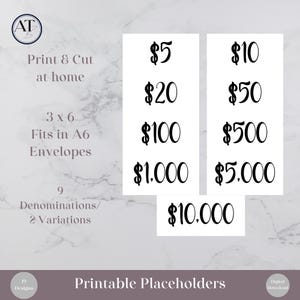 Dollar Bill Placeholders For Cash Stuffing | Printable Cash Place Holders | Money Placeholder Bundle | Budget Binder | A6 Prop Money Cash