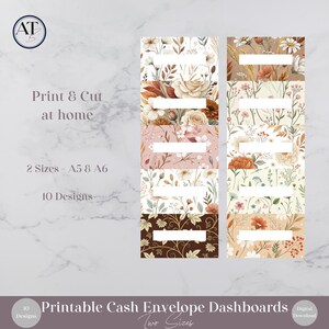 Könnte beinhalten: Zehn bedruckbare Cash-Envelope-Dashboards mit Blumenmustern in Braun-, Creme-, Rosa- und Orangetönen. Jedes Dashboard enthält ein leeres weißes horizontales Etikettenfeld. Text: Print & Cut at home, 2 Sizes - A5 & A6, 10 Designs, Printable Cash Envelope Dashboards.