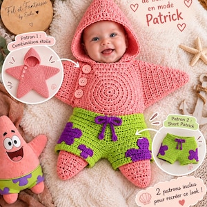 Könnte beinhalten: Ein gehäkeltes, sternförmiges Kapuzenoutfit in Rosa mit grüner Hose, die mit violetten, blumenartigen Mustern und einem violetten Kordelzug versehen ist. Das Set enthält zwei Anleitungen, Patron 1: Combinaison étoile und Patron 2: Short Patrick.