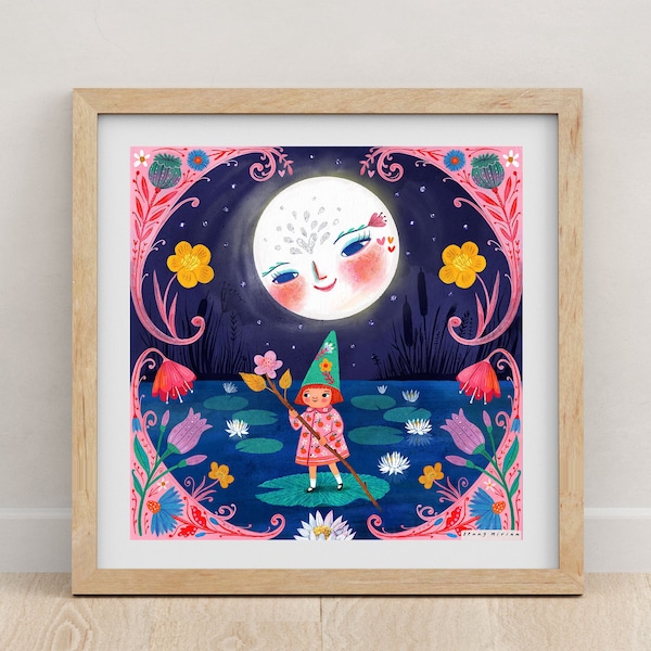 Gnome Fairytale Moon Art Print, Folklore Wall Decor, Whimsical Home Decor, Cute Illustration, Magic Print