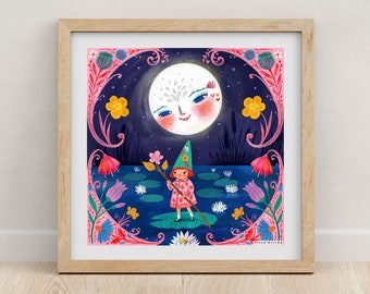 Kunstprint met kabouter en maan, speelse folkloristische decoratie