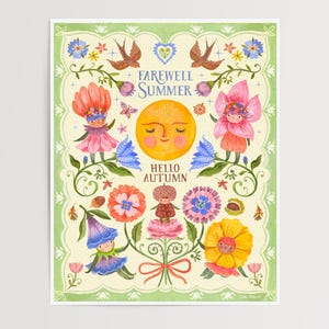 Folk Art Wall Print Whimsical Summer to Autumn, Flower People Birds Sun, Fairytale Sprites Nature Fine Art